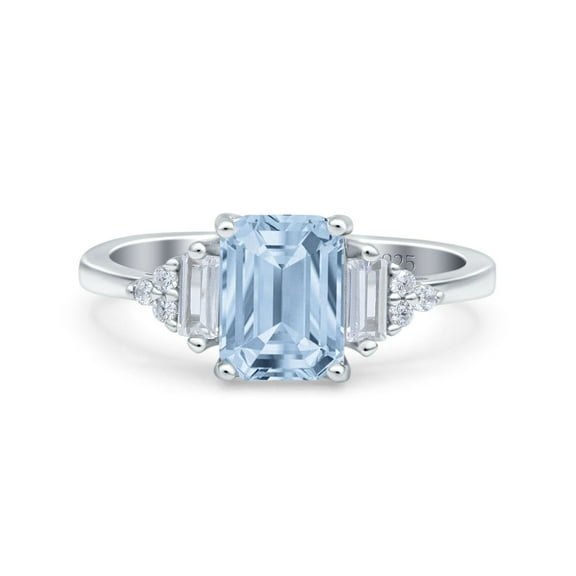 Emerald Cut Art Deco Wedding Engagement Ring Baguette Simulated Aquamarine CZ 925 Sterling Silver Size 5