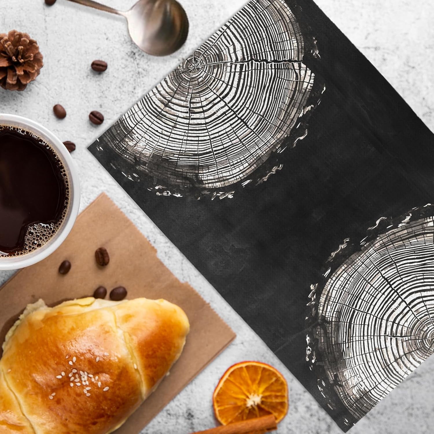Abstract Tree Rings Decor Kitchen Towels and Dishcloths Set of 2, Black and Beige Dish Towels, Mid Century Rustic Decorative Hand Tea Towels for Bathroom Kitchen, 16×24 Inch