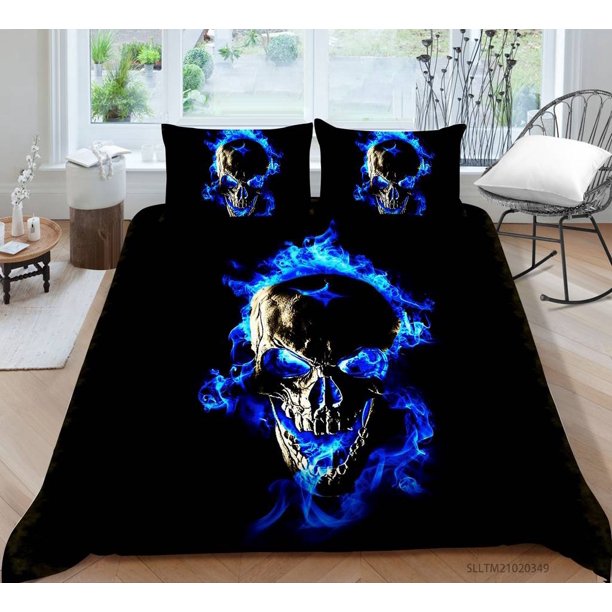 Skull Bedding Set ，Blue Fire Skull Bedding Sets with Ghost Skeleton Bed