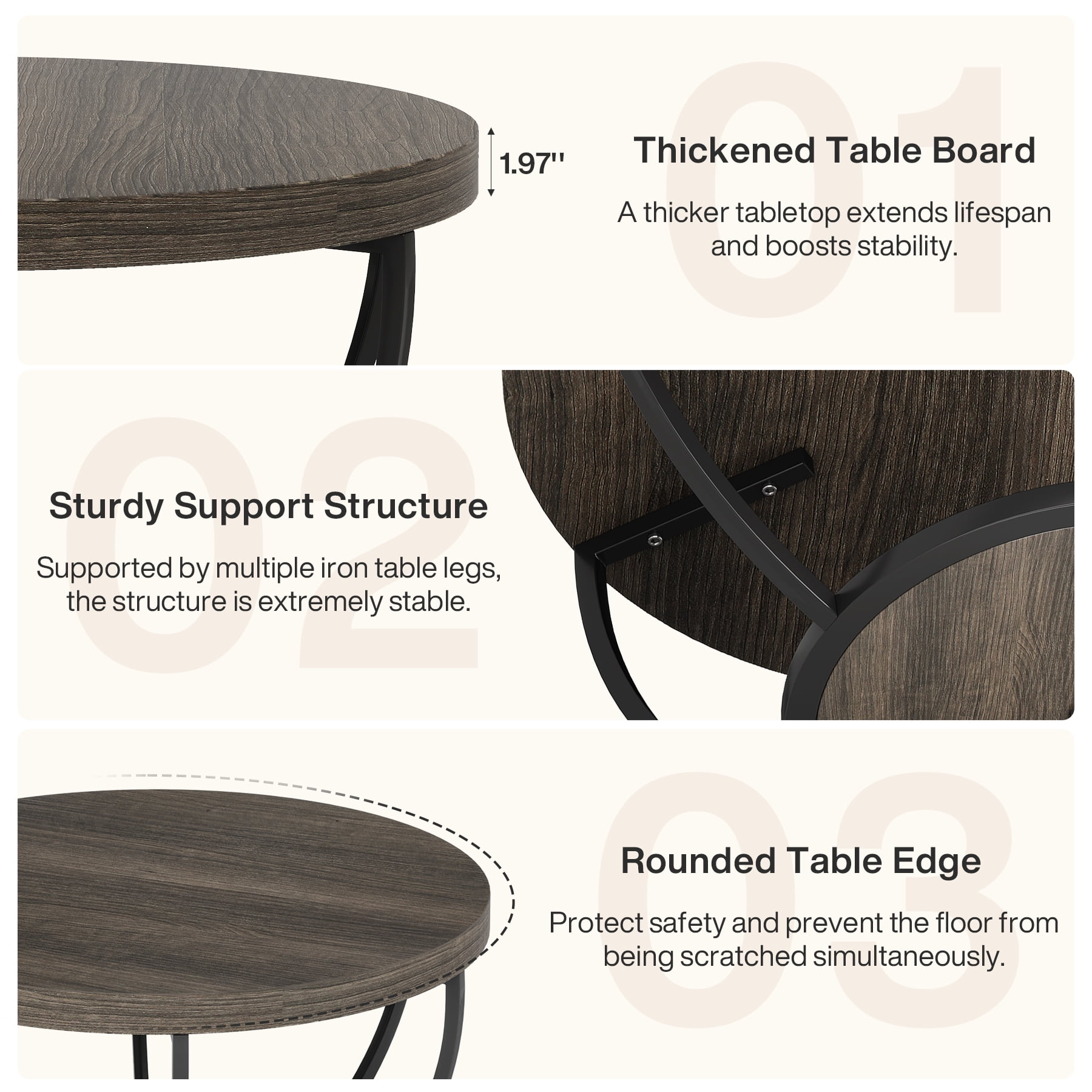 Fnova Coffee Table with 2 - Tier Storage, 32" Round Wood Coffee Table with Metal Legs, Modern Rustic Style Center Table for Living Room, Dark Gray and Black