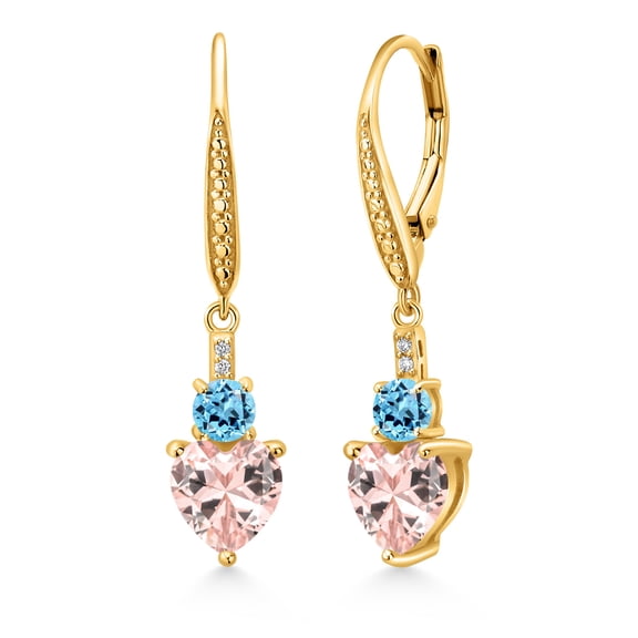 Gem Stone King 18K Yellow Gold Plated Silver Peach Nano Morganite Swiss Blue Topaz and White Lab Grown Diamond Drop Dangle Earrings for Women (3.24 Cttw, Heart Shape 7MM, Round 4MM)