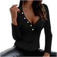thumbnail image 2 of AXXD Black Basic Ladies Sweatshirts Summer 2024 Solid Color V-neck Long Sleeve Casual Knit Top Long Sleeve V-neck Top/Shirt Blouse, 2 of 6