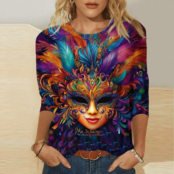 Oksale Mardi Gras Shirts for Women Plus Size 3/4 Sleeve Shirt Casual Crew Neck Tee Blouses Funny Graphic Feitival Tops 2025
