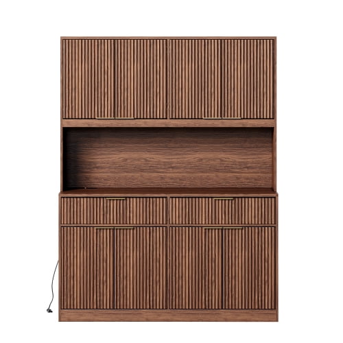 71" Tall Kitchen Pantry Cabinet with Power Outlet and Open Countertop, Modern Multi-Functional Storage Hutch Cabinet for Dining Room, Entryway and Living Room, Walnut