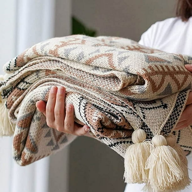 Brown Throw Blankets Queen Size Knitted Tassel Boho Throw Blanket Soft Lightweight Vintage Tan Throw Blanket for Sofa Couch Bed and Living Room All