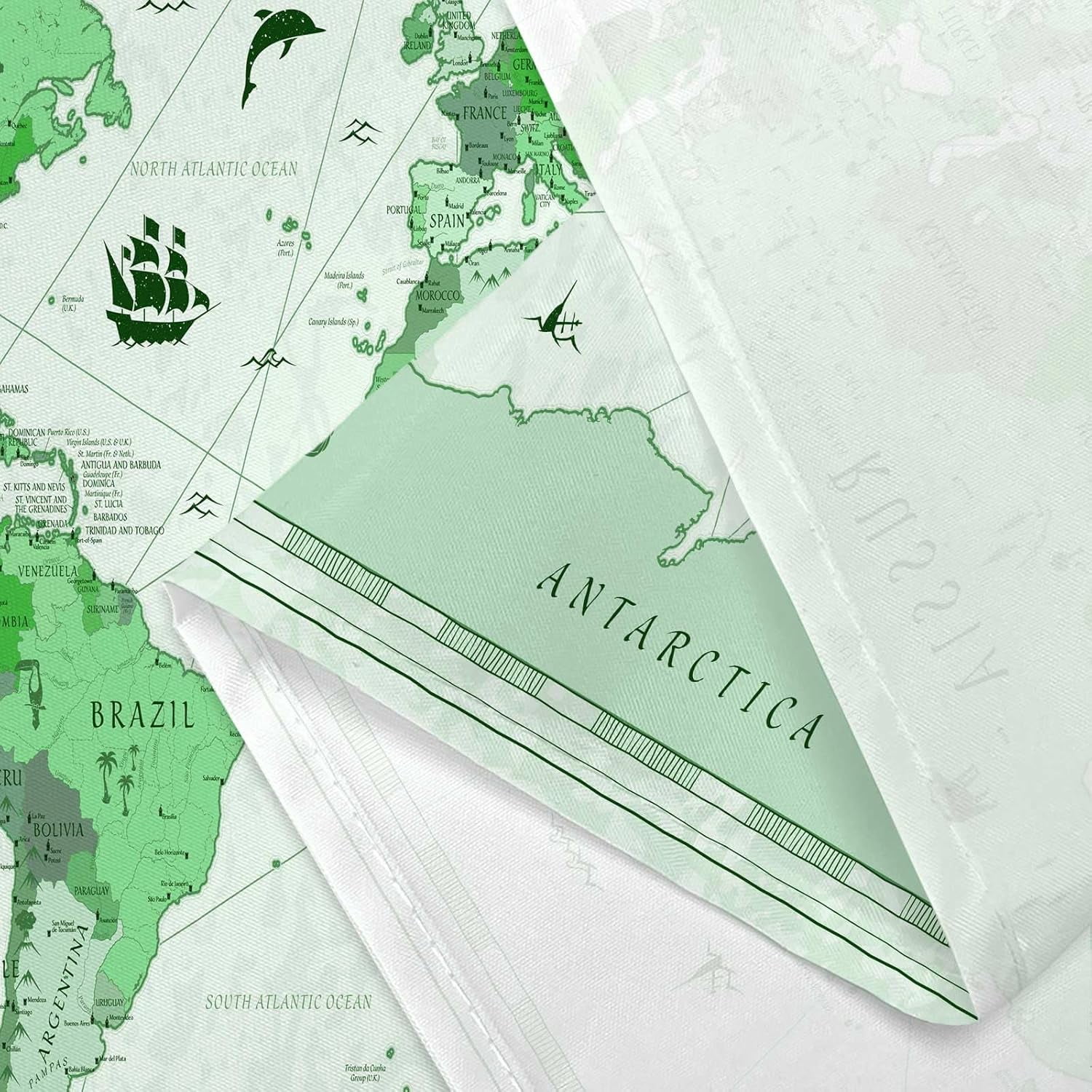 World Map Shower Curtain, Map of The World with National Educational Fabric Shower Curtains Set for Bathroom, Geography Educational Fabric Bathroom Shower Curtain with Hooks, 60X70IN（Green）