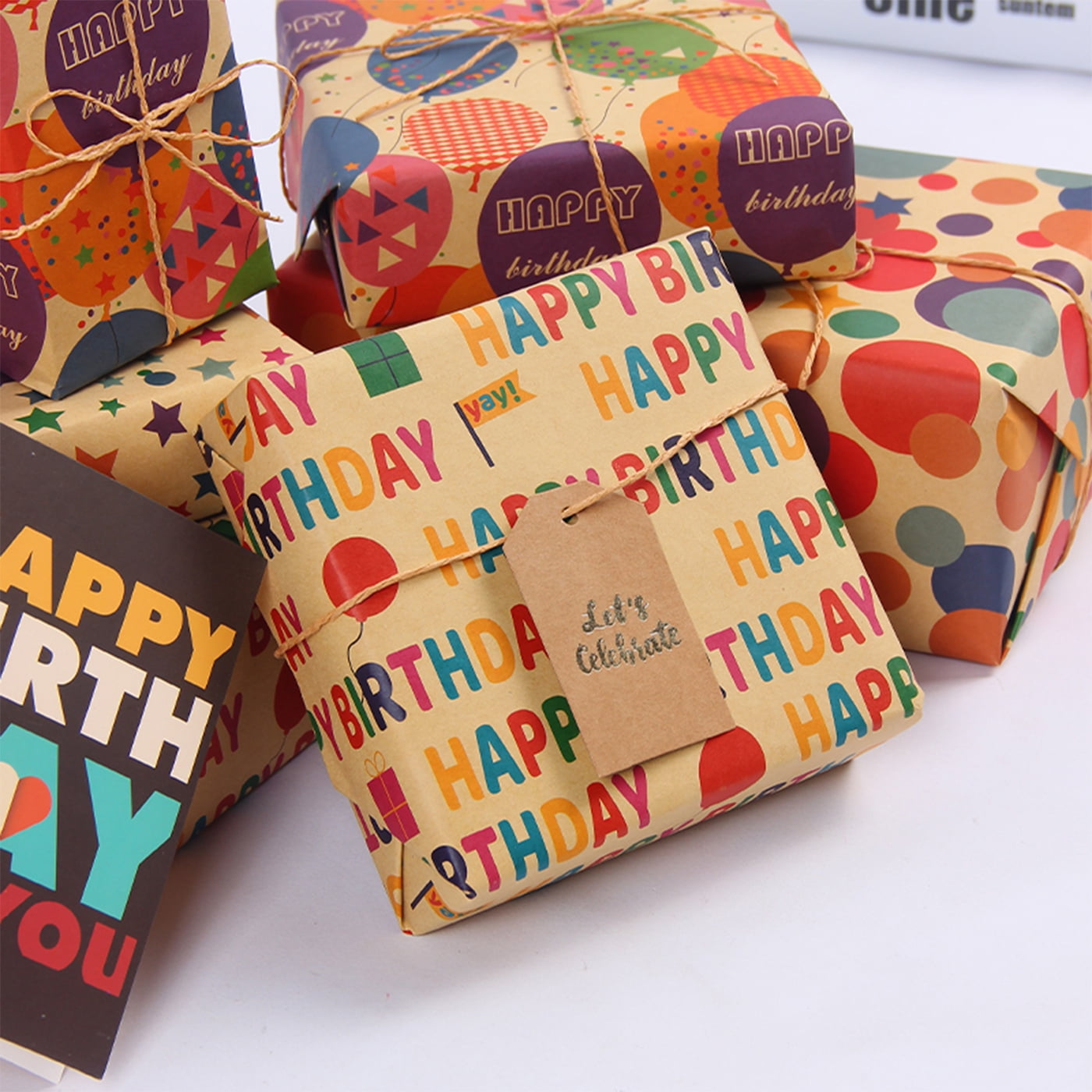 Kraft Birthday Wrapping Paper, Vintage Style Perfect for Men Women Kids Brown Kraft Wrap Paper with Colorful Balloons Stars Happy Birthday for Party - 3 Rolls, 17 inch X 120 inch Each