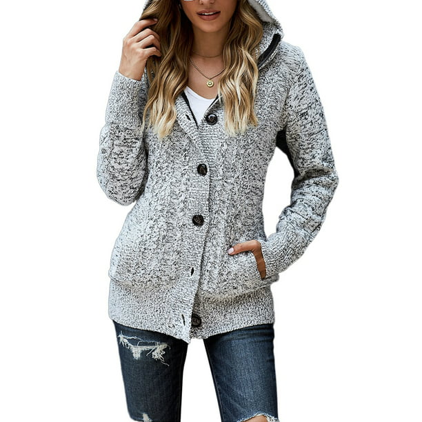 Eytino Hooded Cardigan Sweaters for Women Fleece Lined Sweater Button Down Cable  Knit Cardigan Coat - Walmart.com