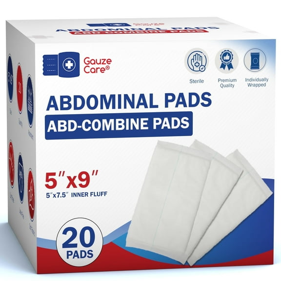 Gauze Care Abdominal Pads, 20 Count, 5"x9" Sterile, Extra Absorbent, Non-Stick, for Heavy Wounds and First Aid Kits