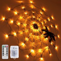Morttic Halloween Decorations Lights, 3.3FT Diameter, Orange 70LED Spider Web Lights with Plush Black Spider, Remote Control for Party Yard Bar Haunted House