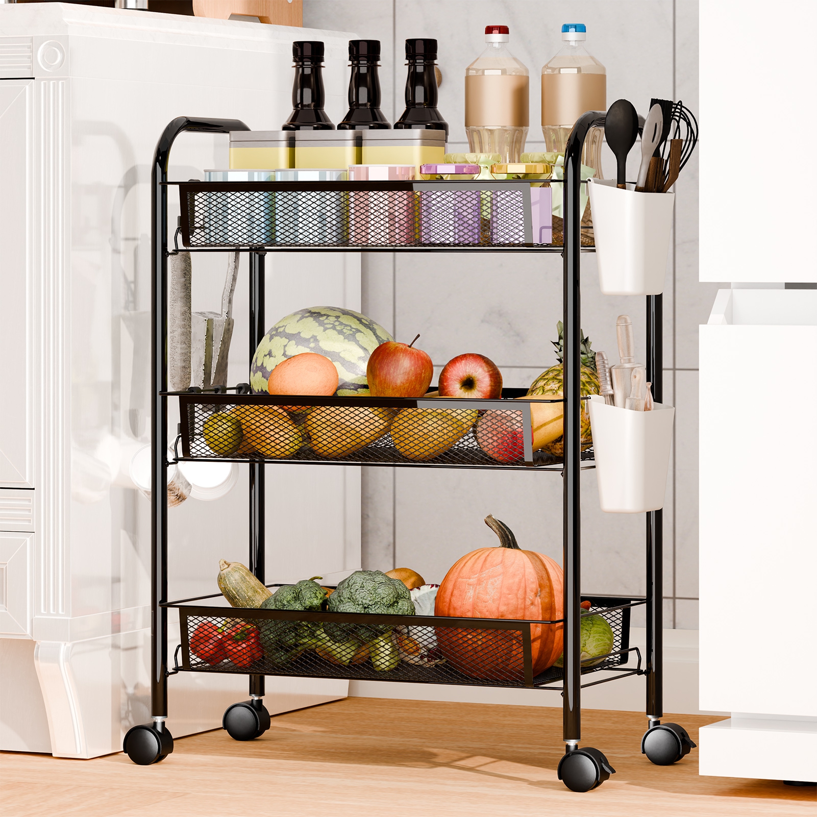 Fruit Vegetable Storage Basket, 5 Tier Stackable Metal Mesh Storage Basket with 360 Degree Wheels, Fruit Vegetable Produce Basket Storage Organizer for Kitchen, Pantry, Bathroom-3-Layers,Black