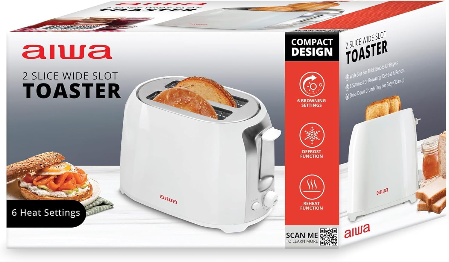 Aiwa 2-Slice Toaster with Wide Slots, 6 Browning Settings, and Crumb Tray, White