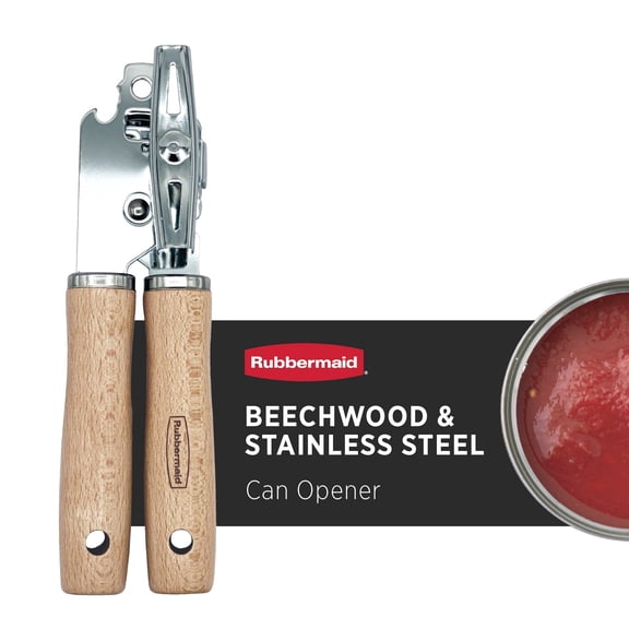 Rubbermaid Can Opener for Easy Meal Prep & Family Health â Smooth Edge Safety Design | Reliable Manual Kitchen Tool with Ergonomic Beachwood Handles & Durable Stainless Steel