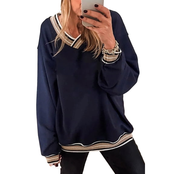 Women's Navy Blue V-Neck Varsity Sweatshirt with Contrast Striped Trim – Casual Daily Wear for Fall, XL