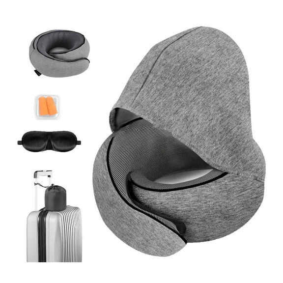 ZOWWKLLY Travel Neck Pillows for Airplanes, Memory Foam Travel Neck Pillow with Hood, Eye Mask & Ear Plugs, Comfortable Breathable Cover, Neck Support Pillow for Offices, Cars & Sleeping