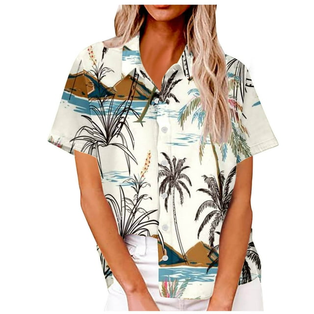 Camisas de Manga Corta para las Mujeres Cuello Redondo Hawaii Impresión Casual Blusa Plisada, Top Flujo