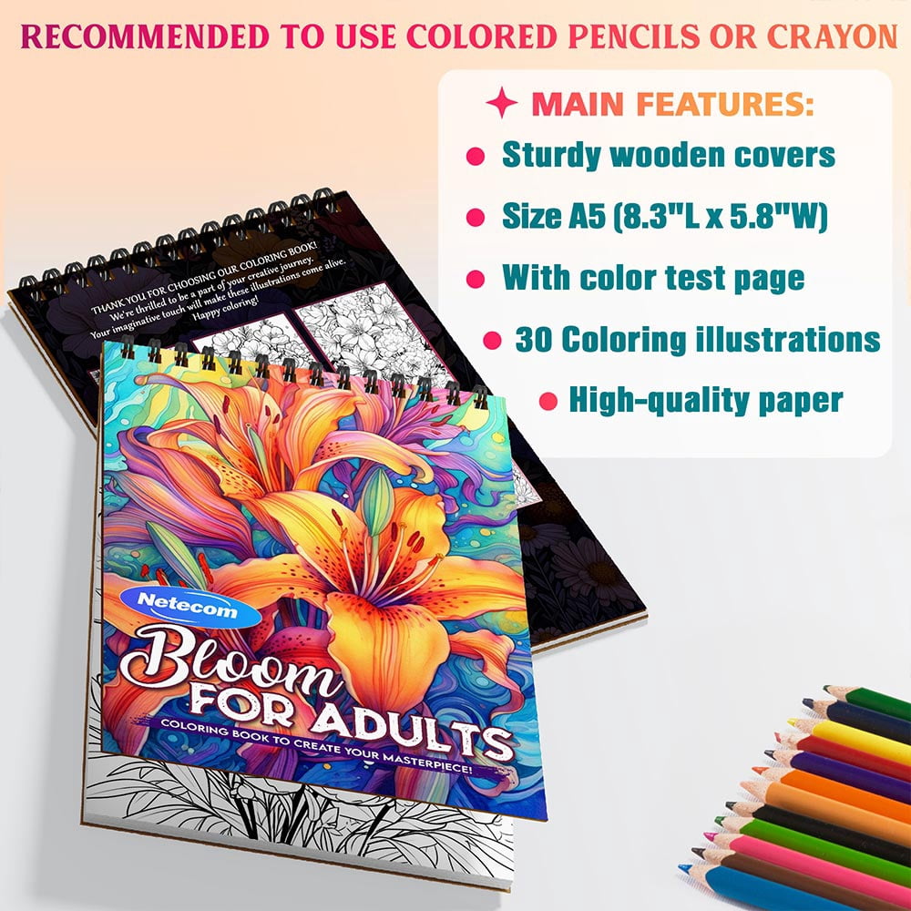 Netecom Bloom Coloring Book Spiral Bound For Adults, A5 Wooden Cover, 30 Beautiful Coloring Pages of Flourishing Flowers for Stress Relief and Relaxation
