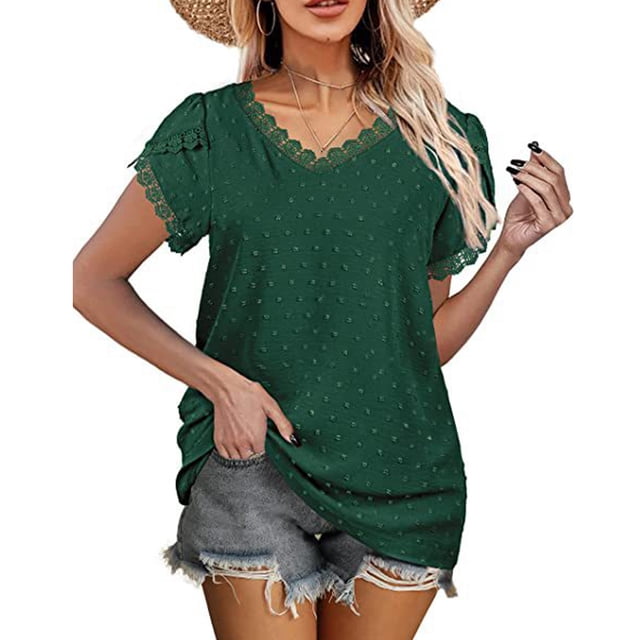 Sonducket Camiseta de algodón para mujer, camiseta holgada de encaje de Color sólido, Top de verano para viajes, vacaciones en la playa, deportes, Prendas para la parte del cuerpo Verde XL Sonducket AP010362-14