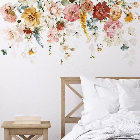 Peony Flower Wall Art Decals DIY Watercolor Butterfly Floral Wall Stickers for Bedroom Living Room Baby Nursery Wall Decor