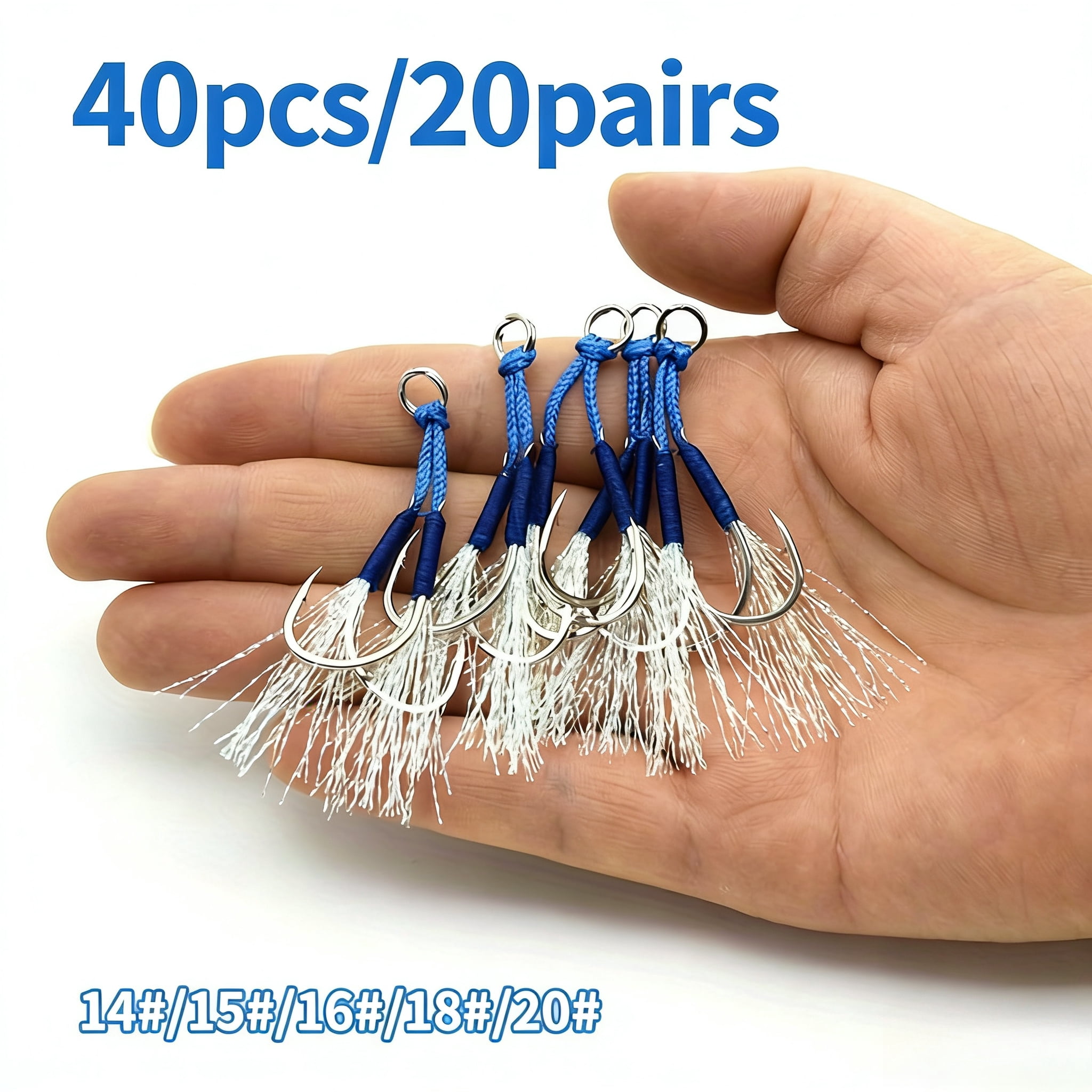 40 pcs/20 pairs of tied hair hooks for boat fishing, trolling, sea fishing, and lure hooks, blood channel iron plate double hooks. Tackle Box, for freshwater and saltwater,14#, 15#, 16#, 18#, 20#