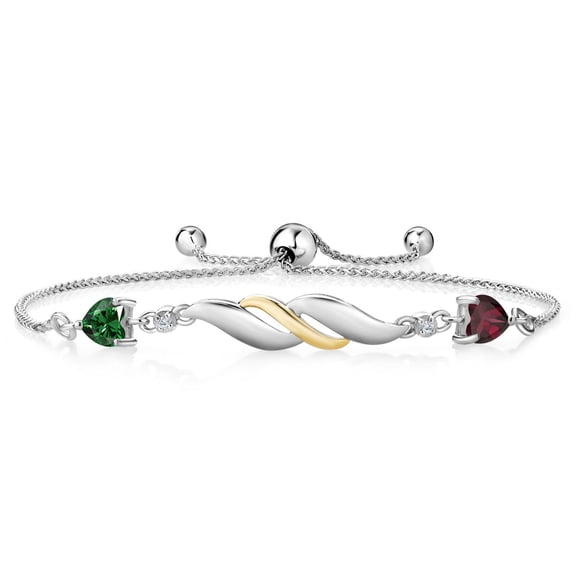 Gem Stone King 1.07 Ct Green Nano Emerald Red Rhodolite Garnet and Lab Grown Diamond 925 Silver and 10K Yellow Gold Bracelet for Women