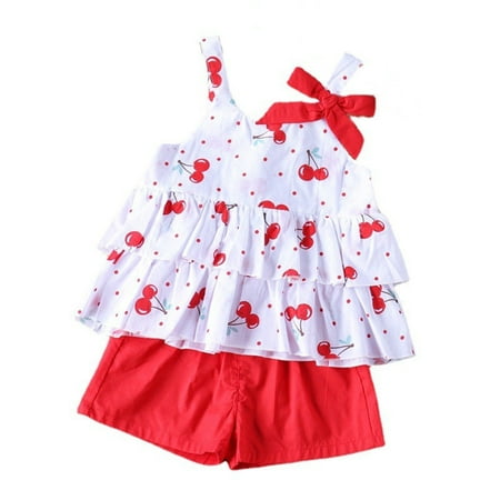 

Toddler Outfit Sets For Teens Baby Girls Sleeveless Bowknot Print Ruffled Tops Solid Shorts Pants Kids Clothes Suit