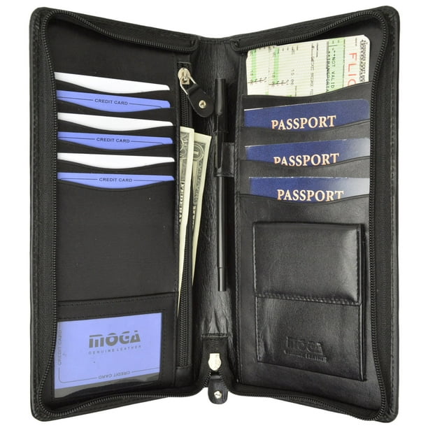 Leather Travel Wallet & Passport Holder holds 4 Passports Credit Cards