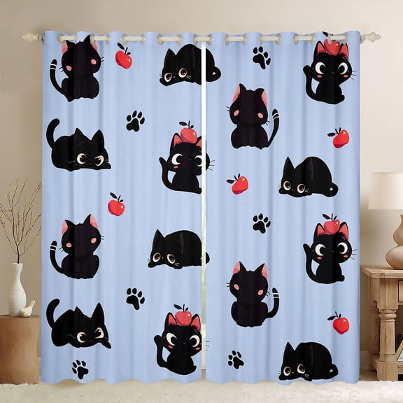 jejeloiu Kawaii Cat Kitten Black Out Curtains,Puppy Dogs Paws Print Curtains Pack of 2 (42x63 Each),Blue Black Bedroom Curtains For Kids,Super Cozy Room Decor