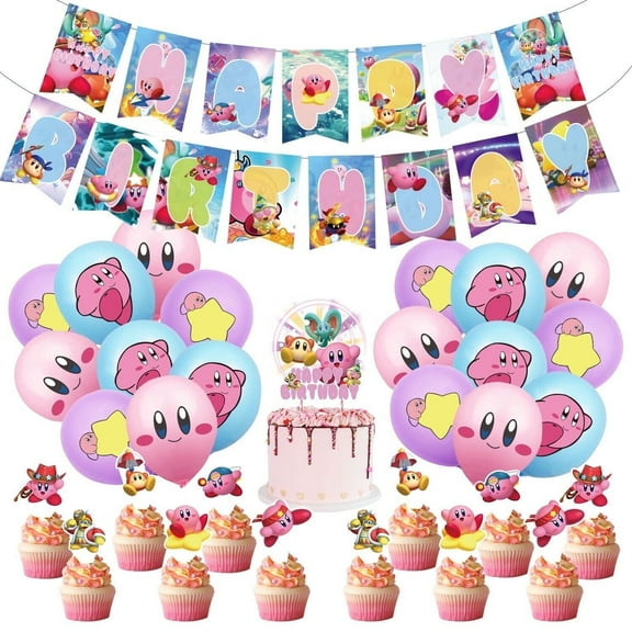 Kirby Star Allies Video Game Theme Birthday Party Decorate Supplies Set,Include Happy Birthday Banner/Cake Topper/Cupcake Topper/Balloons