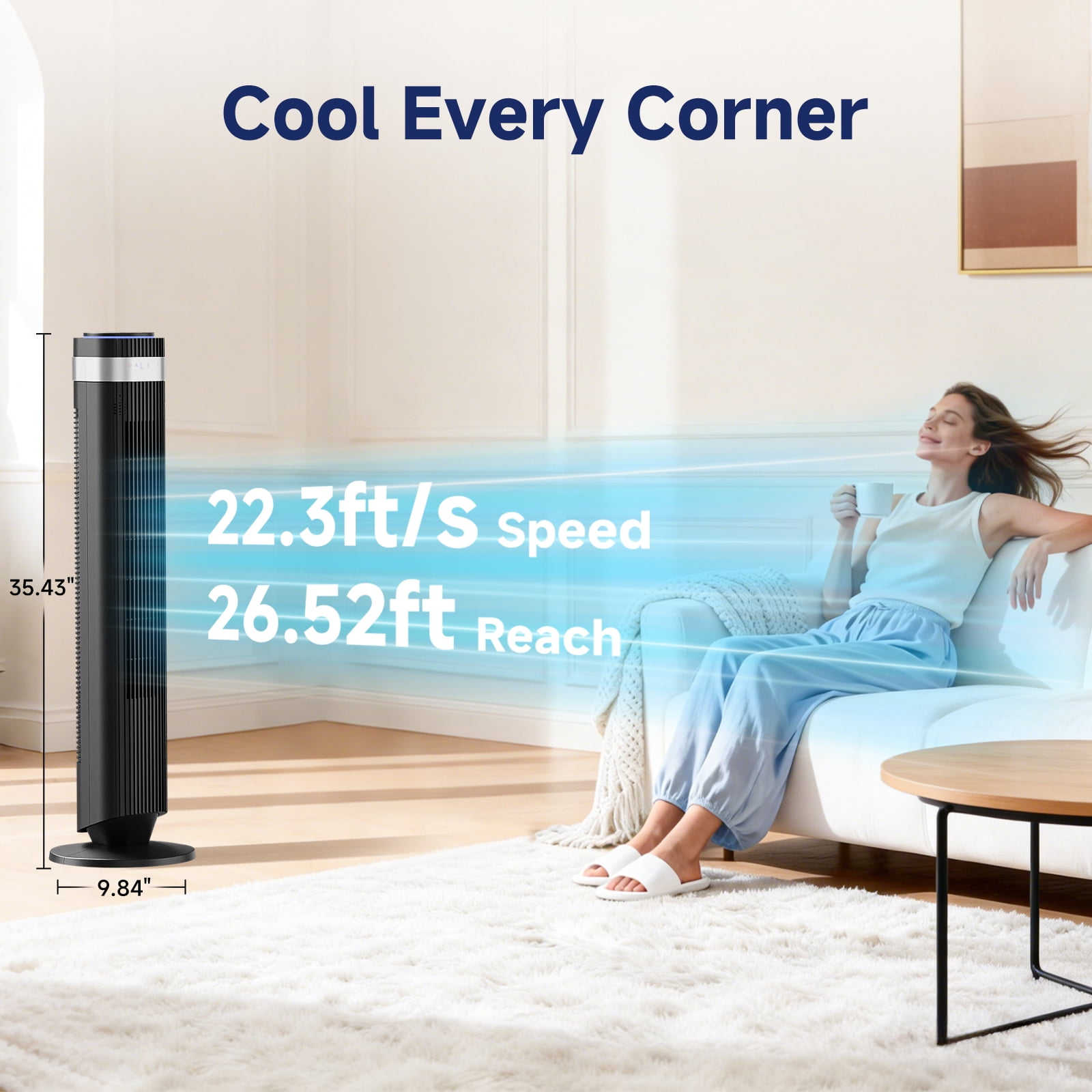 SHOUFTW 36 inch Tower Fan with Remote Control, Oscillating Bladeless Floor Fan, 5 Speeds and 4 Modes for Bedroom Home and Office, Black