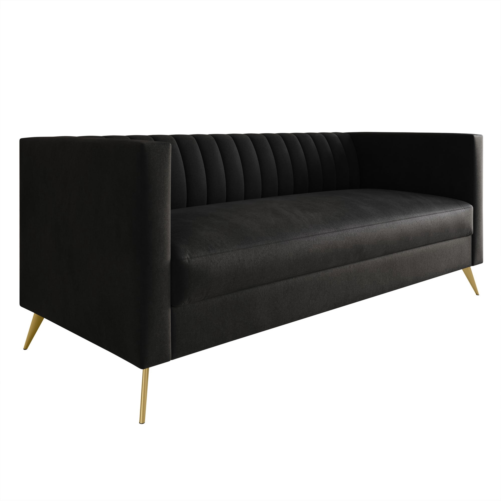 Home Design Weiss Velvet Square Arm Sofa with Channel-Tufted Back and Gold Metal Legs, Modern Upholstered Living Room Seating, Black