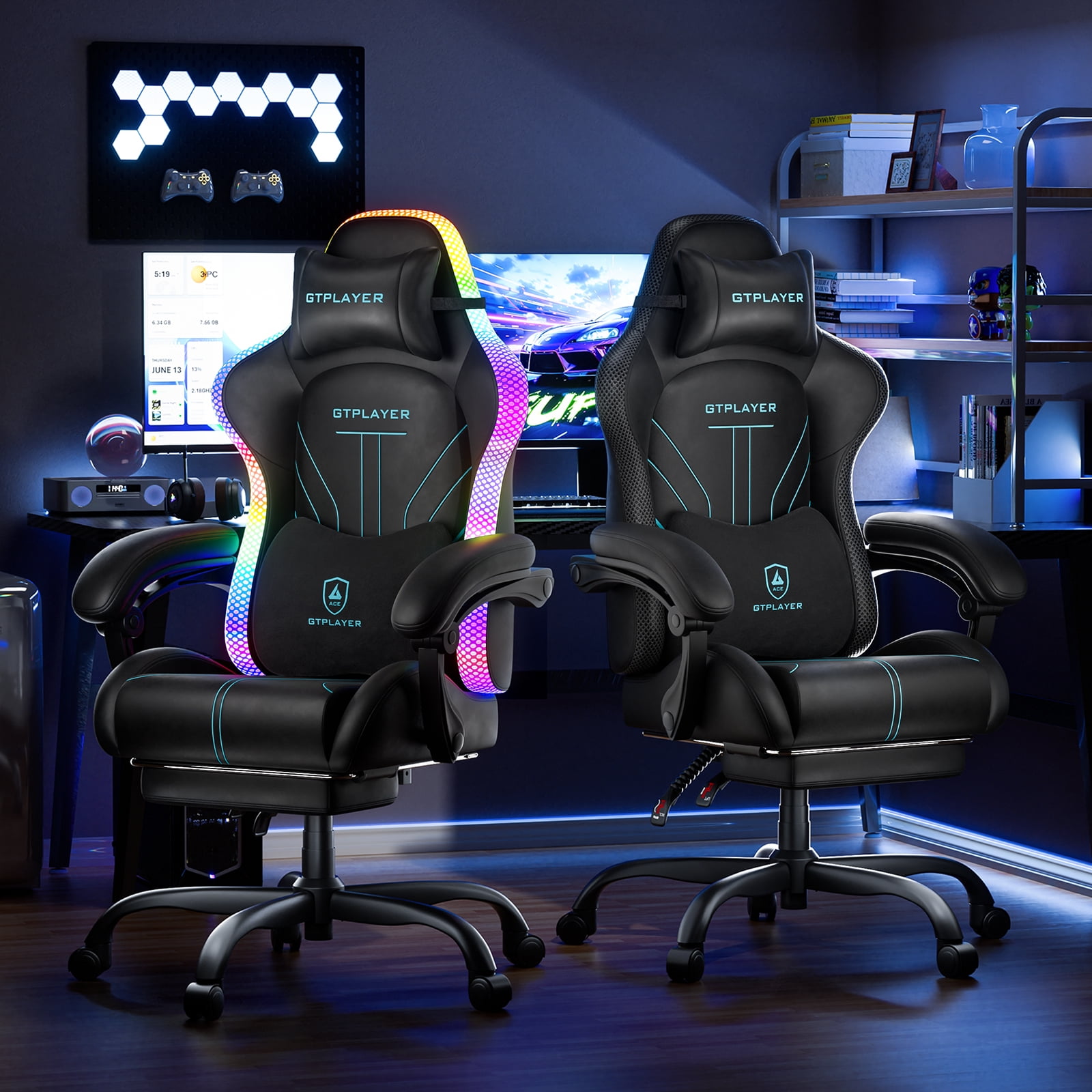 GTPLAYER RGB Gaming Chair with Timed LED Lights, 400LBS Capacity Gaming Office Chair with Reclining Backrest & Retractable Footrest for Gaming & Office, Blue