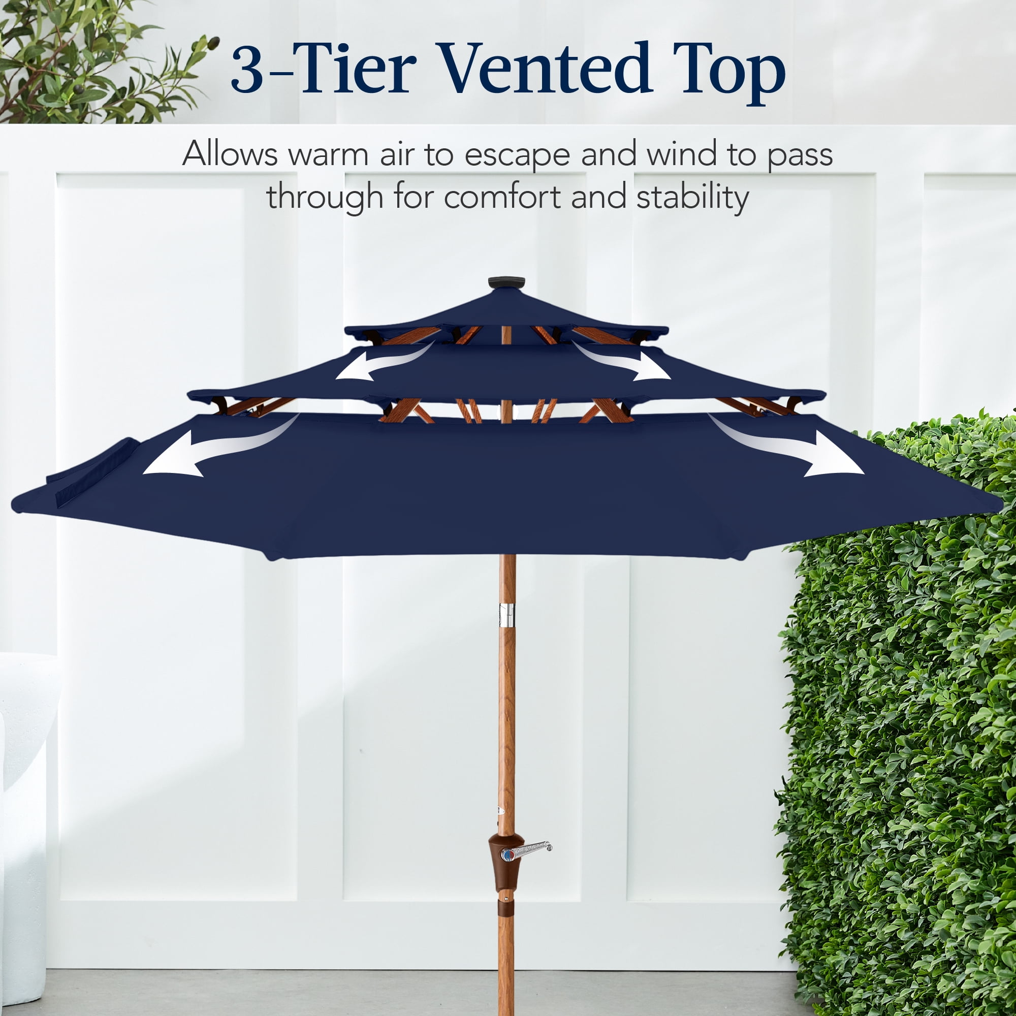 Best Choice Products Woodgrain Pattern 10ft 3-Tier Solar Patio Umbrella w/ 24 LED Lights, Tilt - Navy Blue