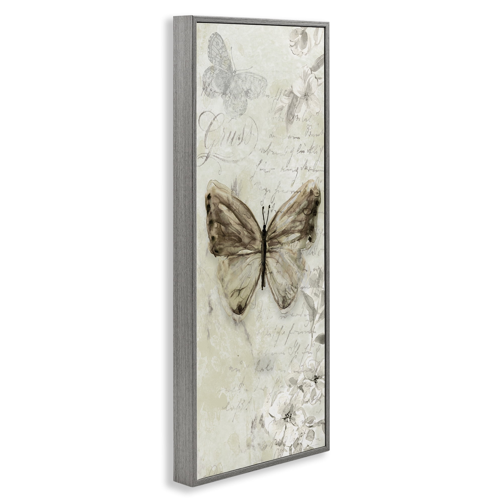 Stupell Industries Vintage Patterned Butterfly Animals & Insects Painting Gray Framed Art Print Wall Art, 13 x 30