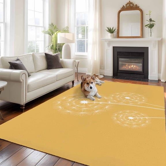 6'x9' Area Rugs, Yellow Dandelion Indoor Outdoor Area Rug for Living Room Bedroom, Simple Floral Botanical Washable Bathroom Rugs Kitchen Floor Carpet Mats Home Decor Aesthetic
