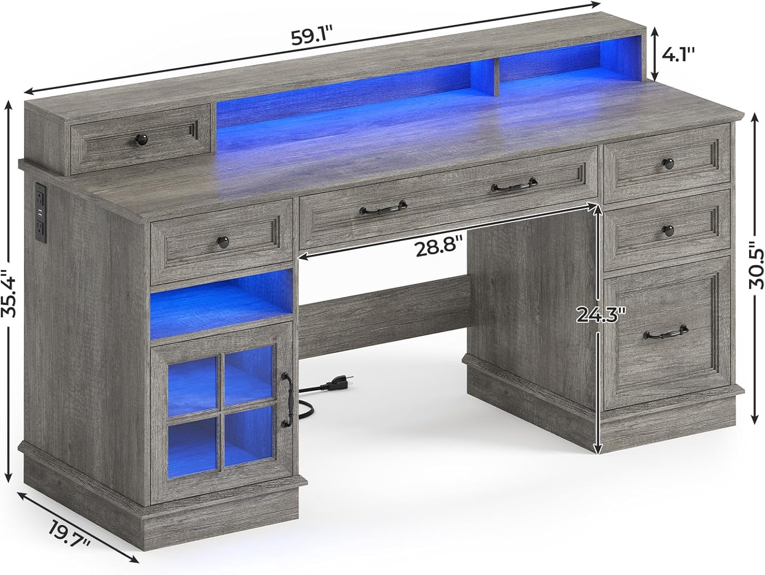 BTHFST Farmhouse Executive Desk with File Drawer, Computer Desk with Charging Station & LED Lights, Home Office Desk with Drawers & Storage Cabinet, Executive Office Desk with Monitor Stand, Grey