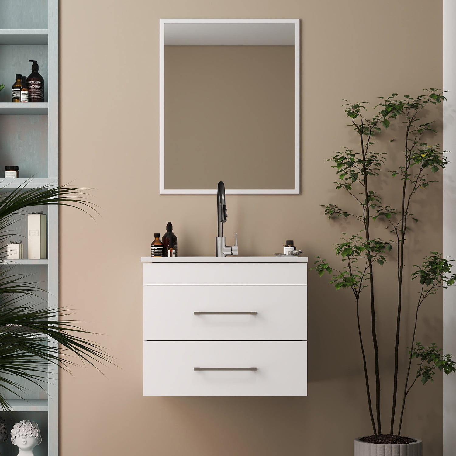 Demi Bonn 24" Wall-Mounted Bathroom Vanity with Ceramic Sink, 2 Soft-Close Drawers and Aluminum Frame Mirror, Faucets and Drains Not Included, White