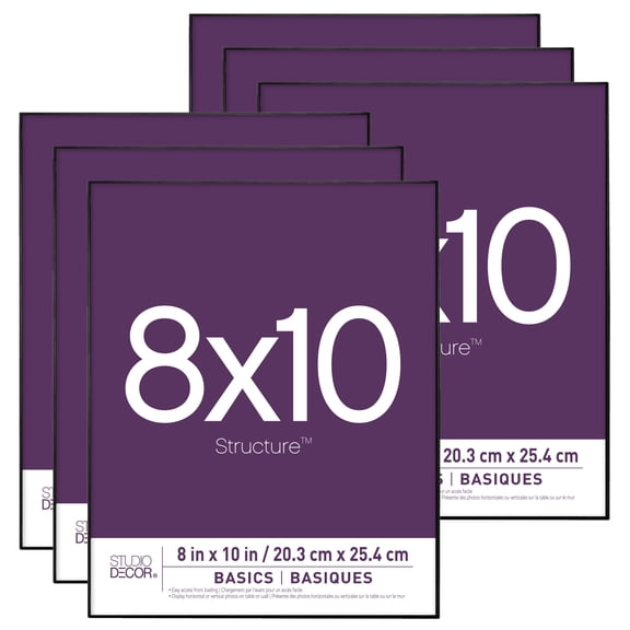 Studio Decor 8" x 10" Black Frame, Basics - Thin Profile Design, Wall & Tabletop Display, Snap-In Easel, Plastic & Glass, 6 Pack