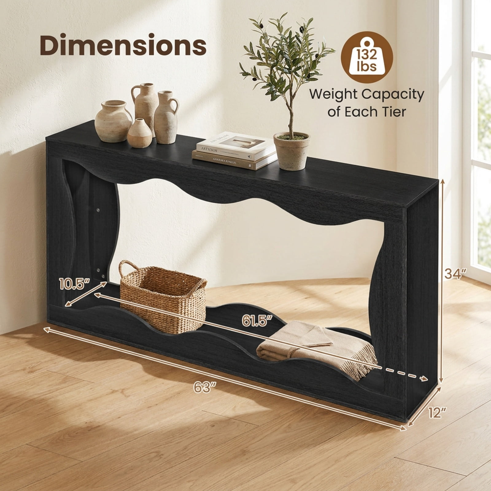 Furnibear 63 Inch Long Narrow Console Table 2 Tier Entryway Table with Wavy Edge Storage Shelf for Hallway Living Room, Black