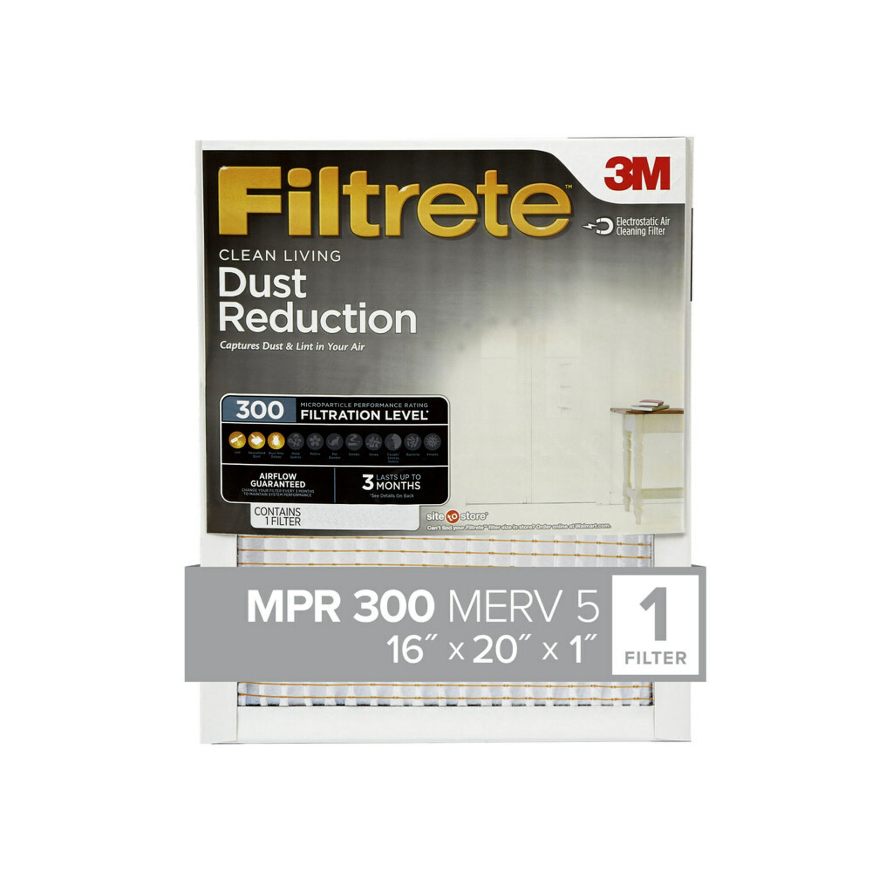 Filtrete 16x20x1, MERV 5, Dust Reduction HVAC Furnace Air Filter, 300 MPR, 1 Filter
