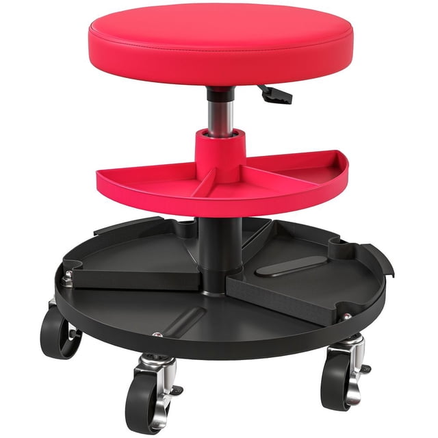 Rolling Garage Stool, 300 LBS Capacity Mechanic Stool with 2.5" Wheels, Tool Trays Storage, Adjustable Height, Red,Red