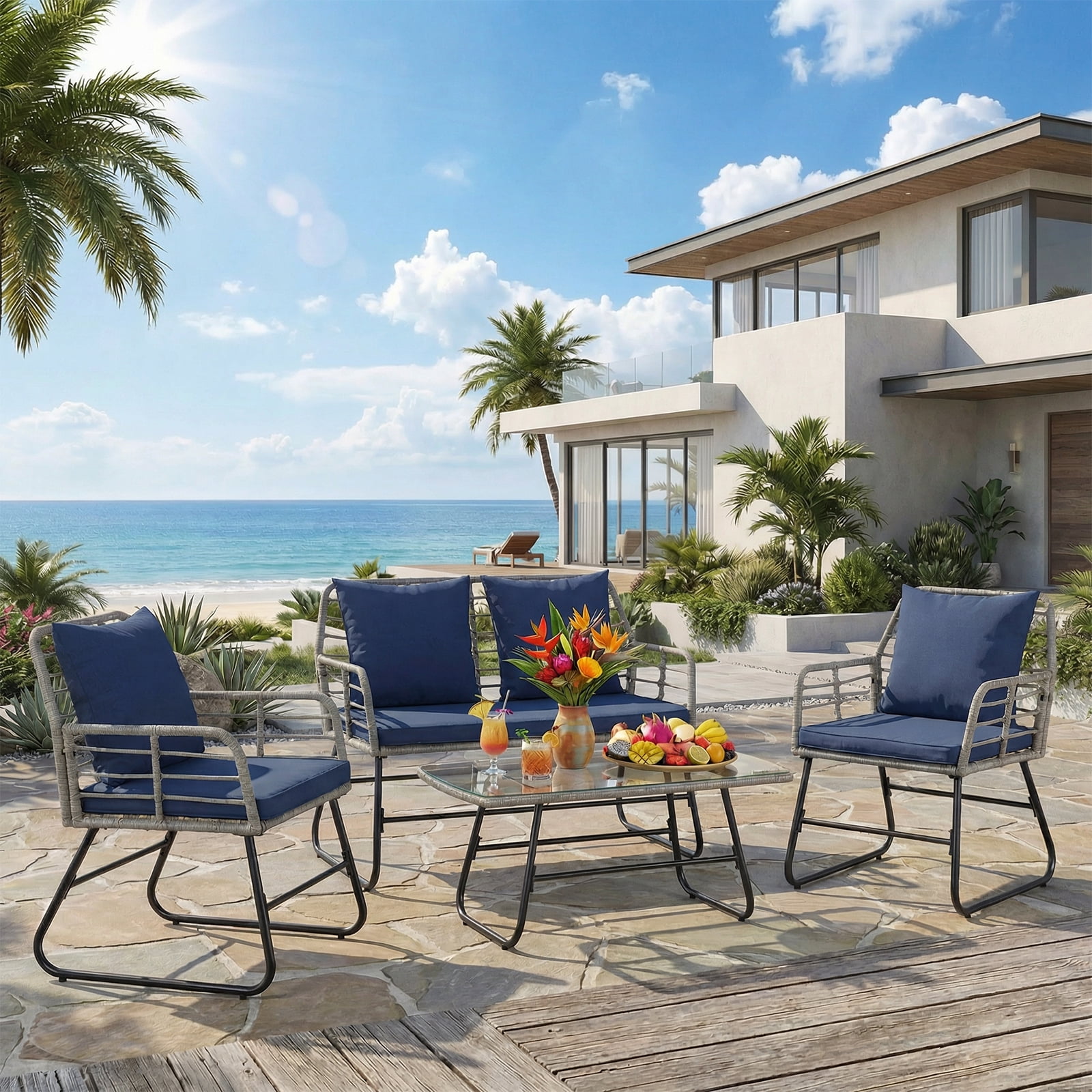 SHOUFTW 4 Piece Patio Furniture Set, Outdoor Patio Seating Set for Apartment Balcony, Space-Saving Rattan Conversation Set with Loveseat and Side Table for Patio, Front Porch & Pool, Small Spaces