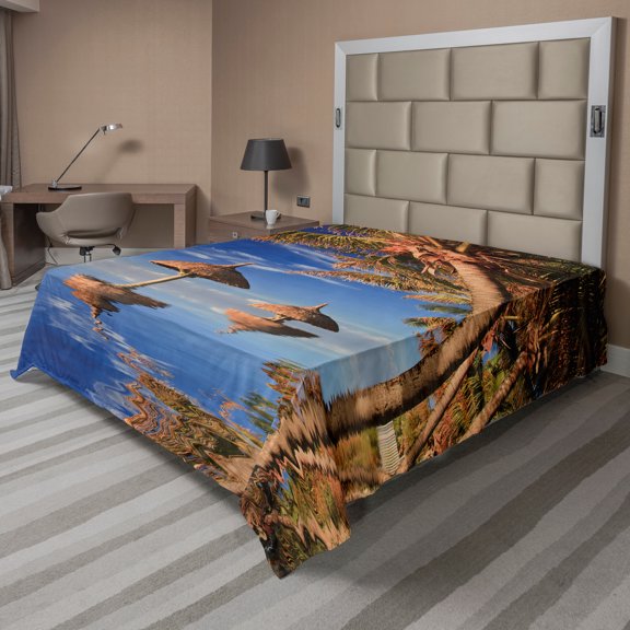 Ambesonne Tropical Flat Sheet, Palm Trees Calm Ocean, Queen Size, Blue Brown