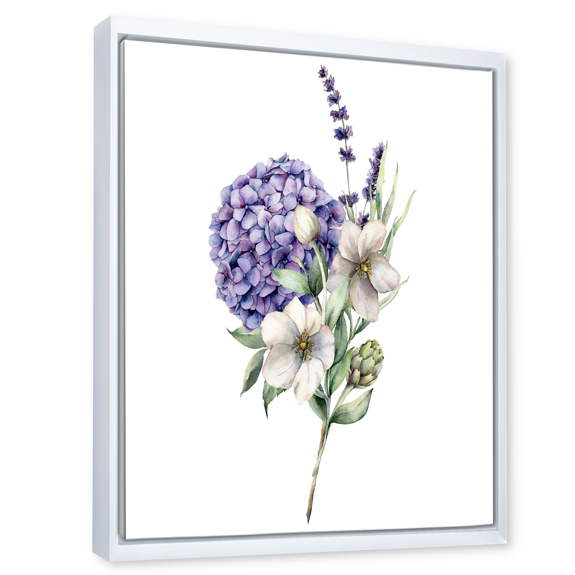 Designart 'Bouquet Of Lavender Anemone Artichoke & Hydrangea ' Traditional Framed Canvas Wall Art Print