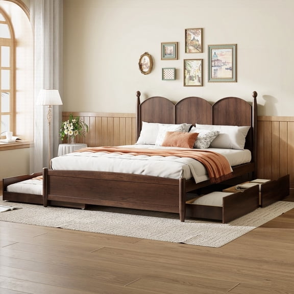 Platform Bed in Queen Size with 2 Side Drawers & Twin XL Trundle - Solid Pine Wood & Superior Quality