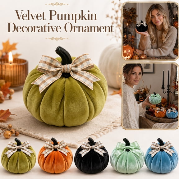 Black Small Pumpkin Decor, 4X4 Inch Velvet Halloween Pumpkin Decor with Plaid Bow, Fall Table Decor for Indoor Halloween Home Decor, Seasonal Table Centerpiece for Home Party