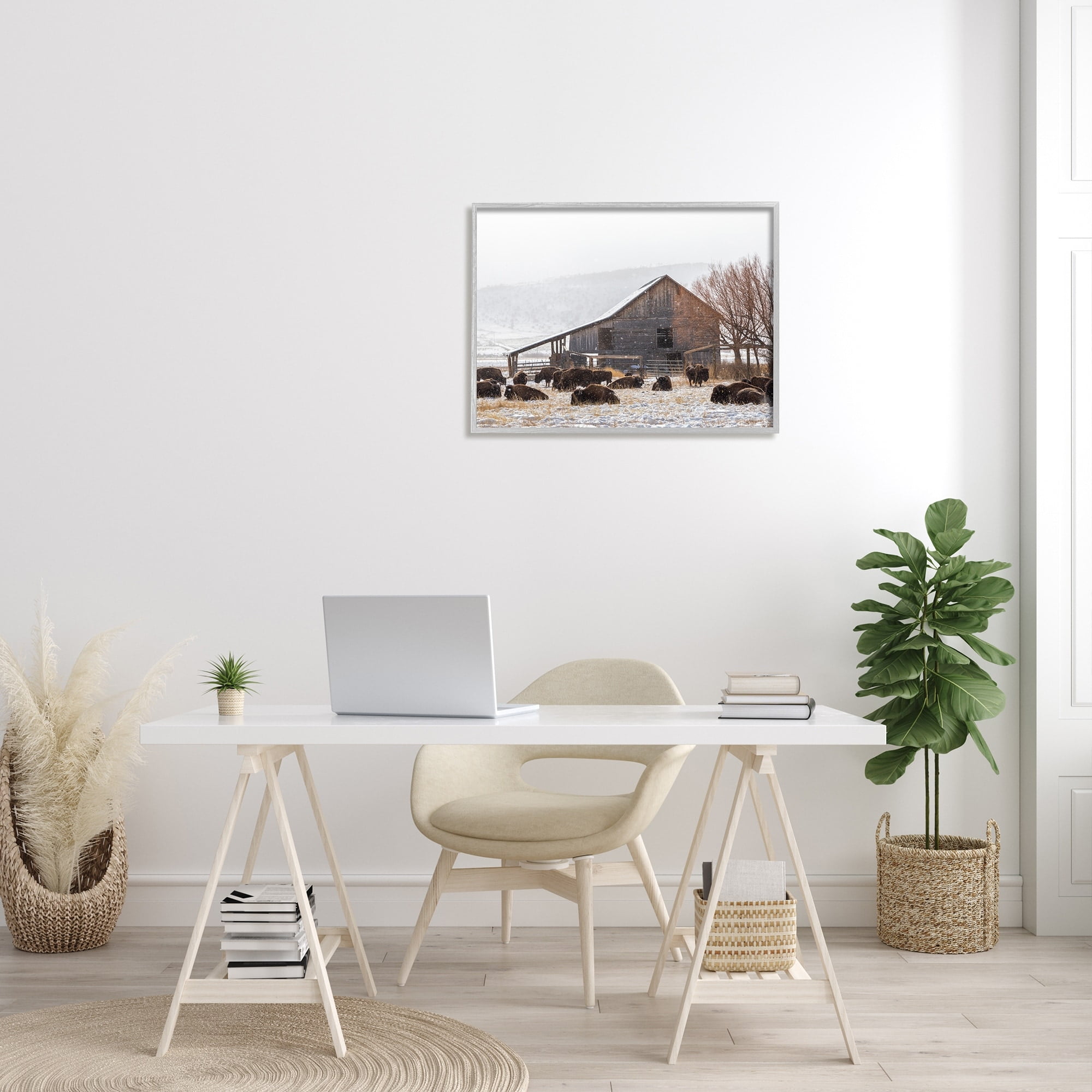 Stupell Industries Snow Dusted Barn Buffalo Bison Rural Farm Photograph Gray Framed Art Print Wall Art, Design by Jeff Poe Photography