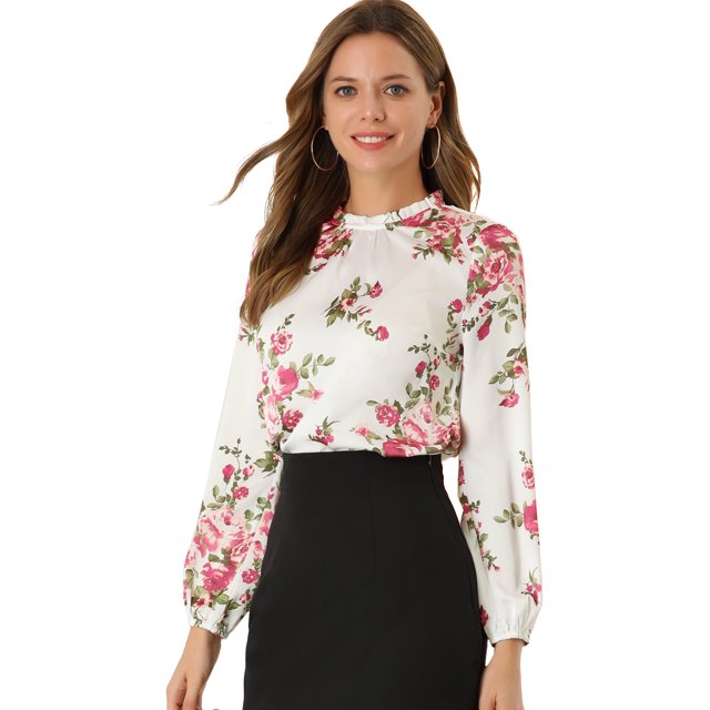 Blusa de gasa con cuello con volantes y estampado floral elegante de manga larga para mujer blanco XL