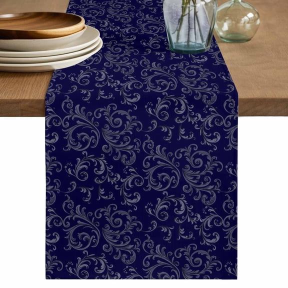 Retro Christmas Pattern Table Runner, Abstract Blue Country Decoration Cotton Linen Kitchen Table Decoration Washable Dining Tabletop Runners for Home Party Decor 13x60 Inches
