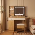 thumbnail image 1 of Vanity Desk with Mirror and Lights, Makeup Desk with 3 Lighting Modes, Power Outlet, Drawers & Storage Shelves, Storage Stool, Vanity for Bedroom, Wood, 1 of 8